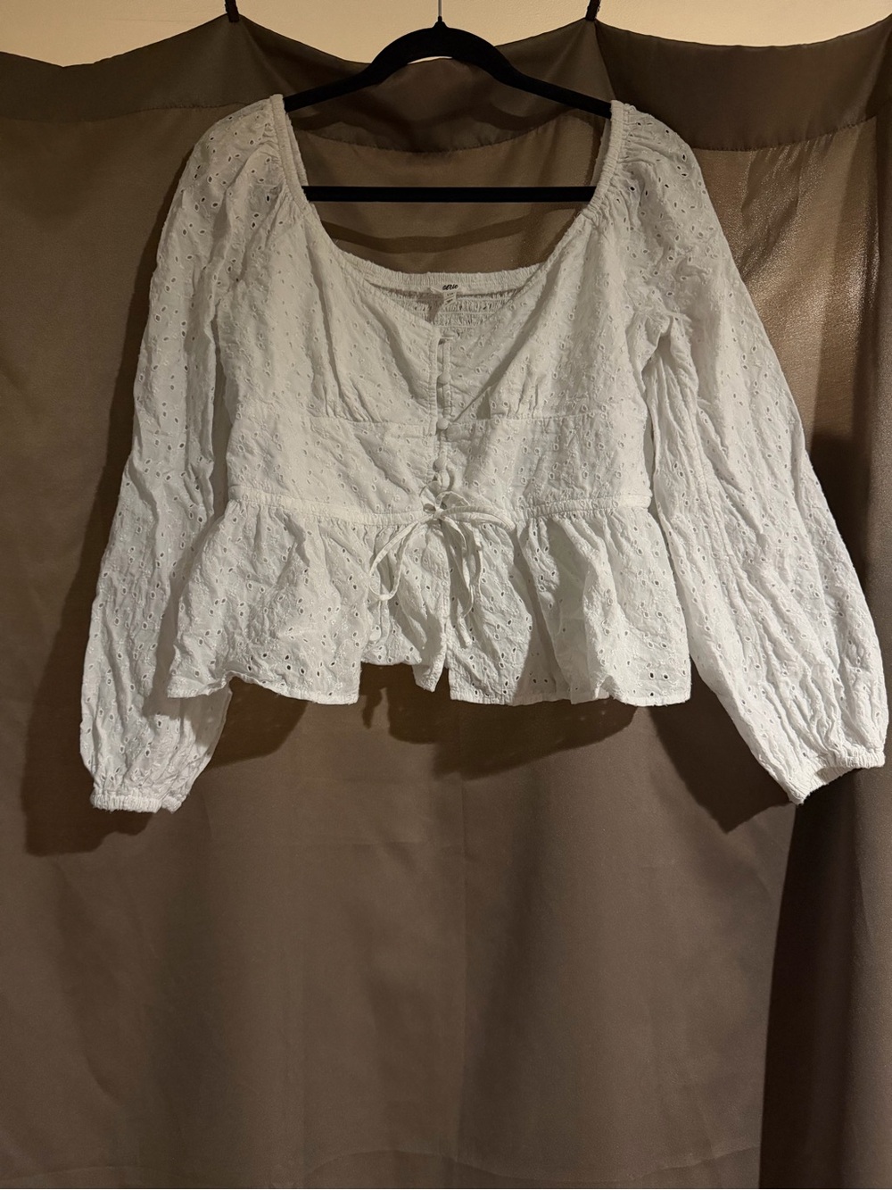 aerie White Eyelet Peplum Tie-Front Top